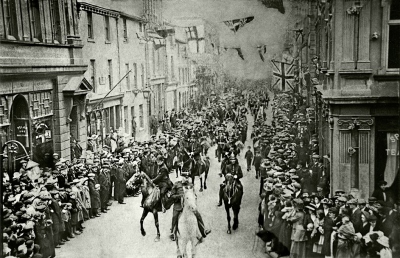 Procession along Tangier St/ Duke St, Whitehaven to celebrate George V`s coronation, 1911